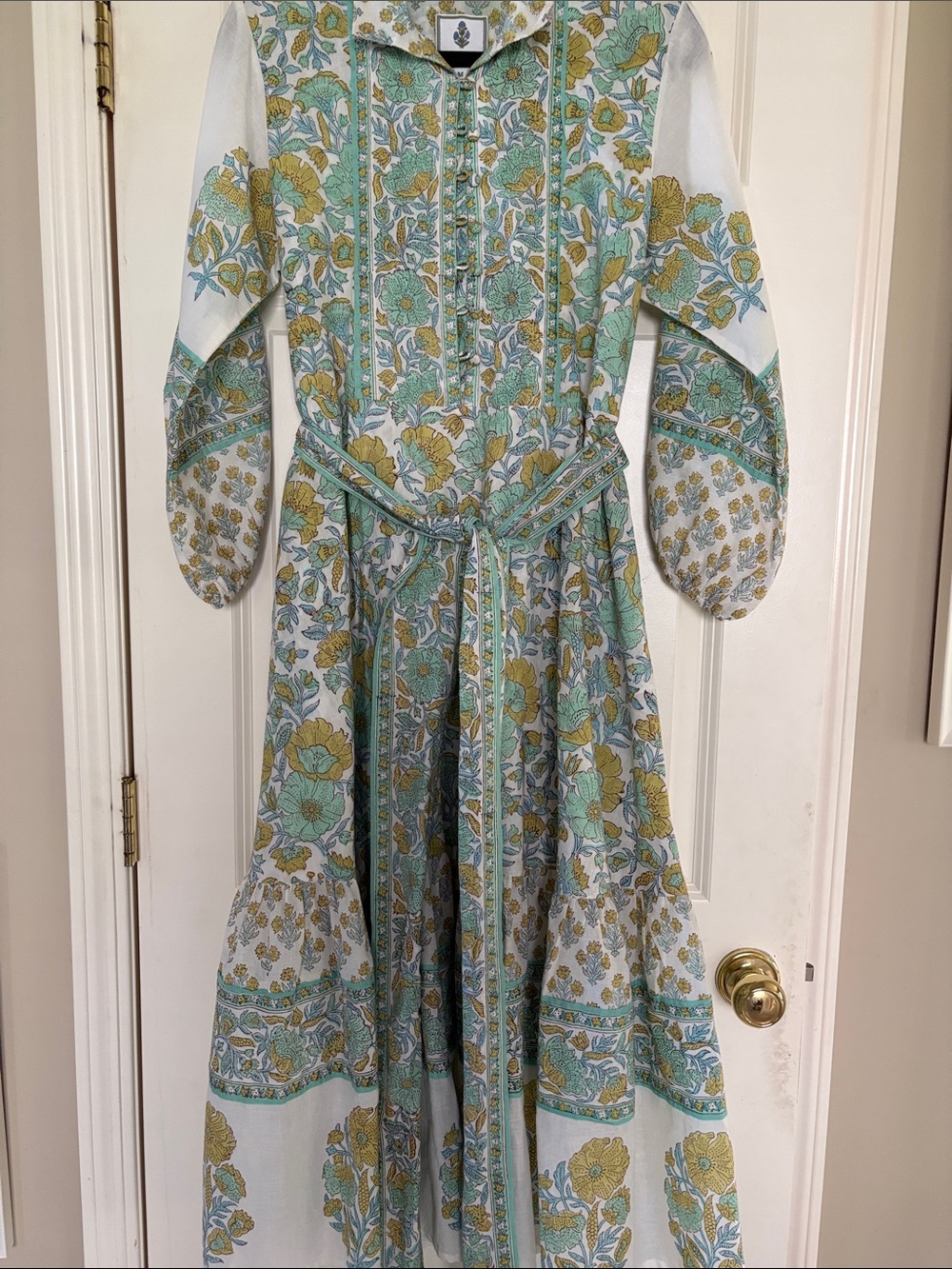 SUE SARTOR Flounce Maxi Dress in Mint Green and Mustard Floral-medium